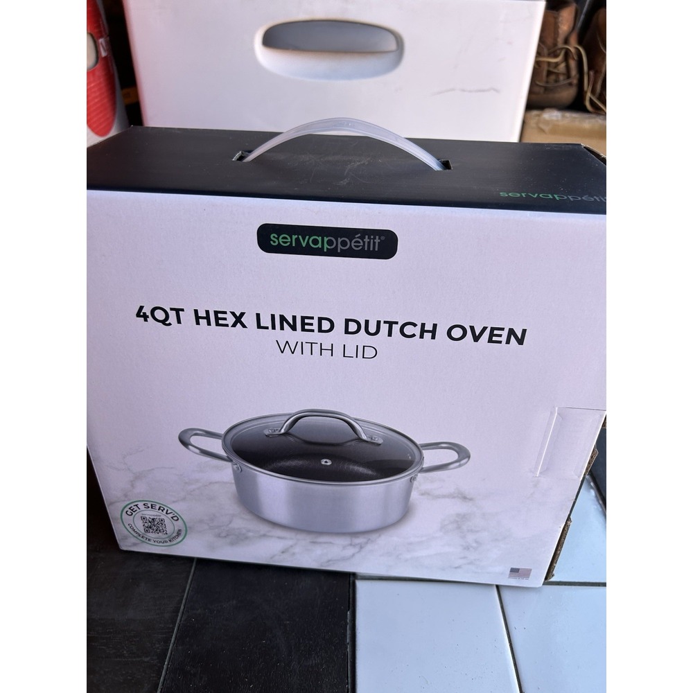 Servappetit 4 Qt Hex Lined Dutch Oven Glass Lid Nonstick Stainless Steel New